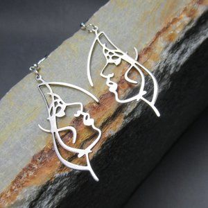 Dreaming Face Woman Earrings, Dramatic Abstract Silver